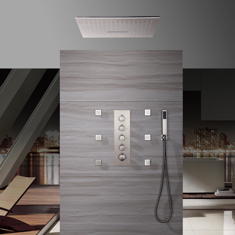 20-Inch Ceiling-Mount Rainfall and Waterfall Shower System in Brushed Nickel with 4-Way Thermostatic Valve and 6 Body Jets