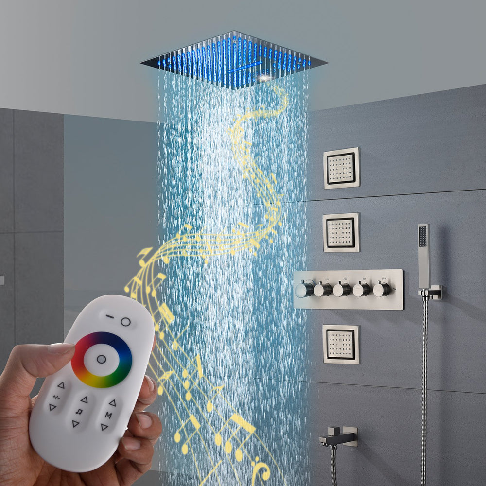 Brushed Nickel Bluetooth Music 16inch 64 colors LED Flushed in 4 Way Thermostatic Shower Faucet with 4inch Body Jet