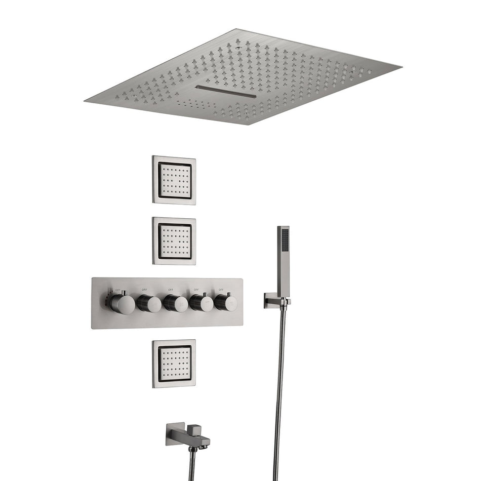 Brushed Nickel Bluetooth Music 16inch 64 colors LED Flushed in 4 Way Thermostatic Shower Faucet with 4inch Body Jet