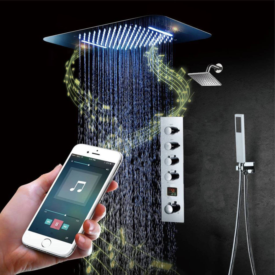 64 LED colors Brushed nickel music led flushed in 23x15inch shower head 4 way Digital display  thermostatic shower faucet with regular shower head