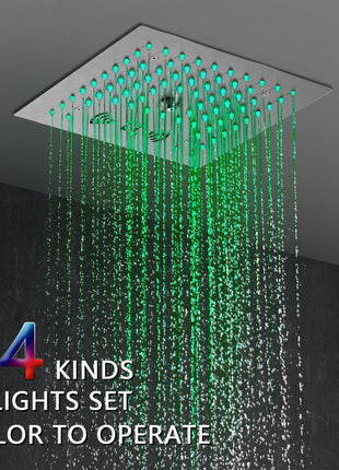 Flushed mount 12 inch 64 LED colors light Brushed nickel Bluetooth Music 4 Way Thermostatic Shower Faucet with body sprayers