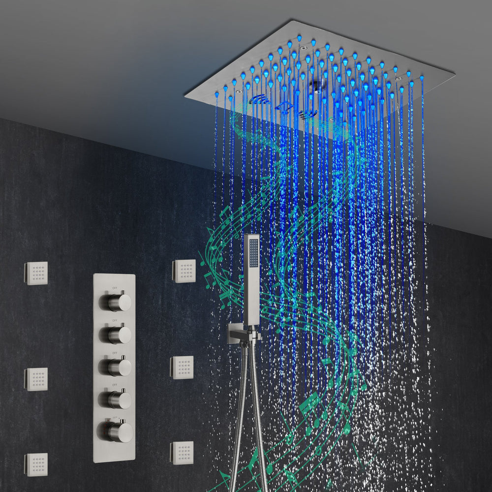 
                  
                    Flushed mount 12 inch 64 LED colors light Brushed nickel Bluetooth Music 4 Way Thermostatic Shower Faucet with body sprayers
                  
                