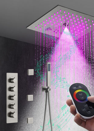 Flushed mount 12 inch 64 LED colors light Brushed nickel Bluetooth Music 4 Way Thermostatic Shower Faucet with body sprayers