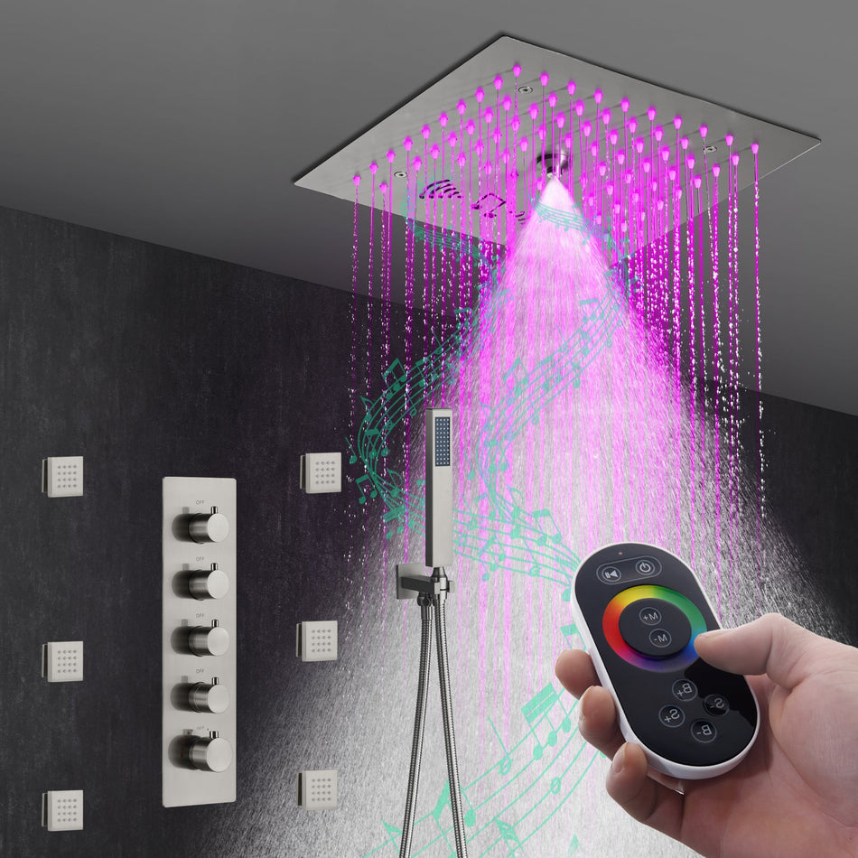 Flushed mount 12 inch 64 LED colors light Brushed nickel Bluetooth Music 4 Way Thermostatic Shower Faucet with body sprayers