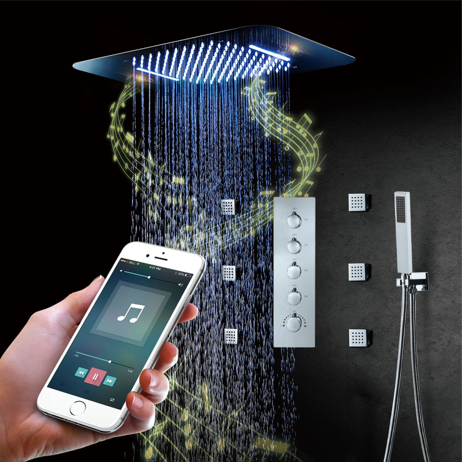 64 LED colors Brushed nickel music led flushed in 23x15inch shower head 4 way thermostatic valve that each function run at the same time and separately