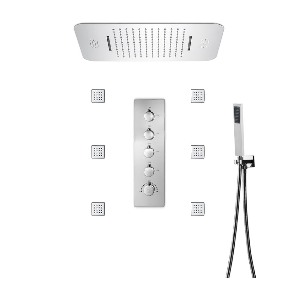64 LED colors Brushed nickel music led flushed in 23x15inch shower head 4 way thermostatic valve that each function run at the same time and separately