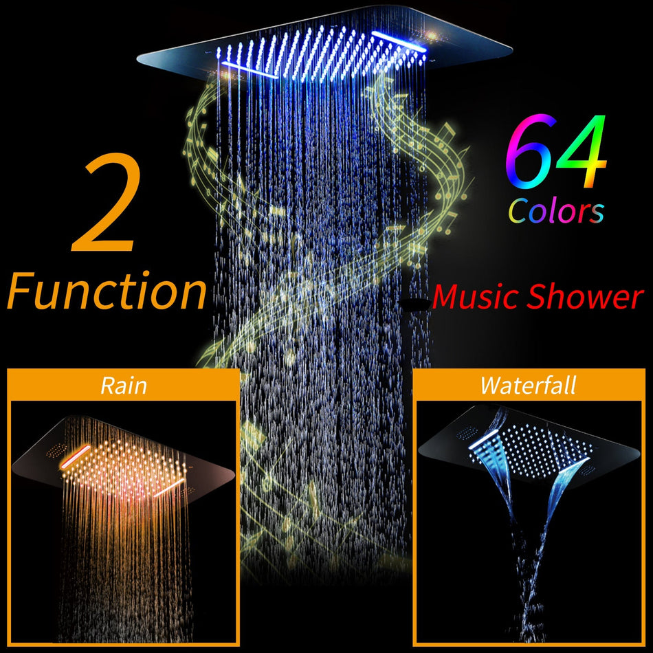 64 LED colors Brushed nickel music led flushed in 23x15inch shower head 4 way Digital display  thermostatic shower faucet with regular shower head