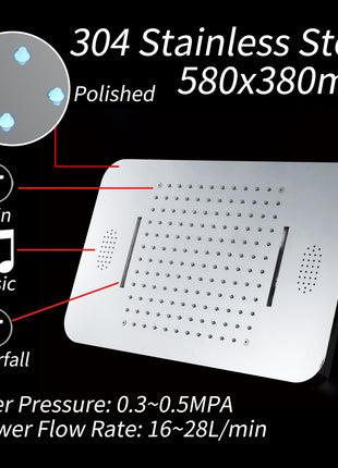 Brushed nickel 23 inch flushed mount rainfall waterfall 64 LED light Bluetooth Music shower head