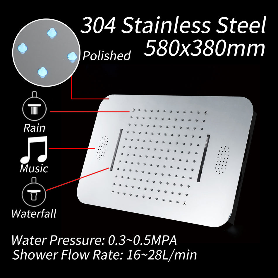 Brushed nickel 23 inch flushed mount rainfall waterfall 64 LED light Bluetooth Music shower head