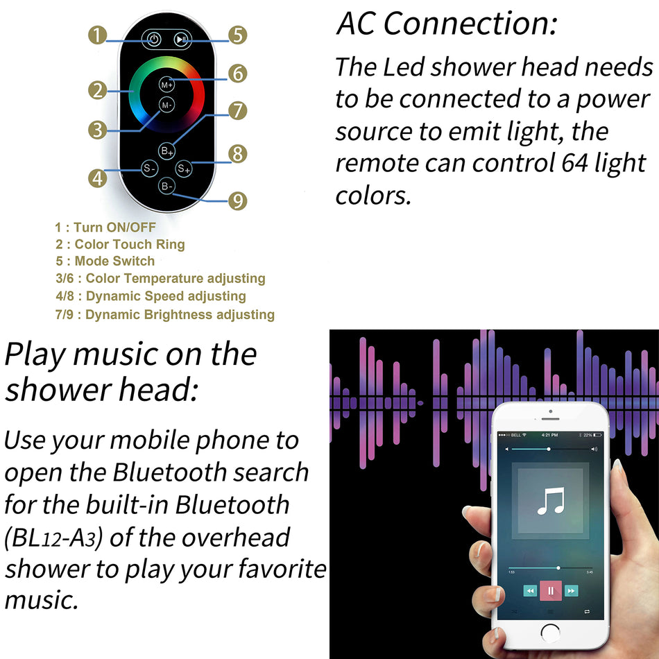 Brushed nickel 23 inch flushed mount rainfall waterfall 64 LED light Bluetooth Music shower head