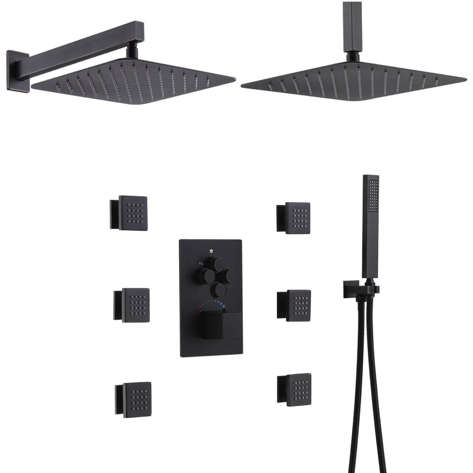12inch non LED Oil Rubbed Bronze (ORB) ceiling mounted  4 way thermostatic valve that each function run at the same time and separately