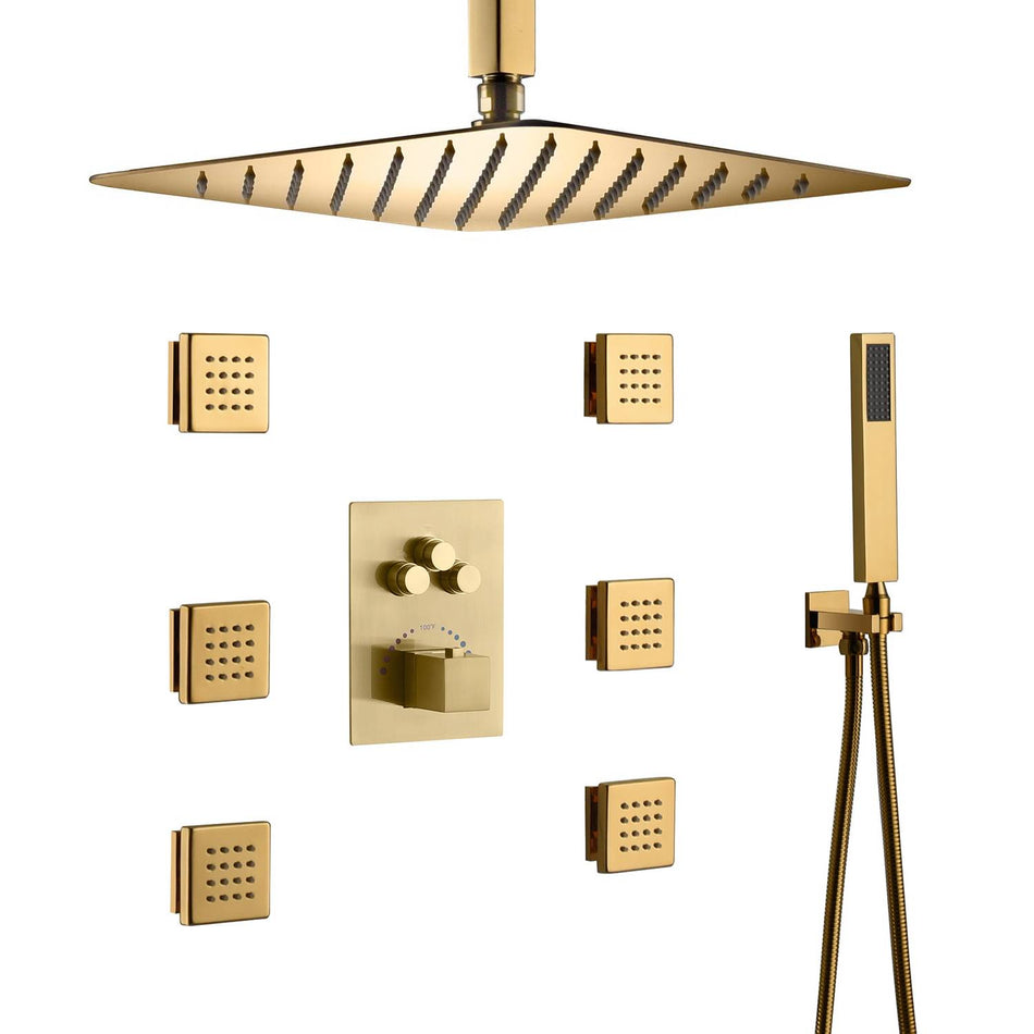 12inch Polished gold Ceiling mount 3 way Thermostatic Shower valve system that each function run all together and separately
