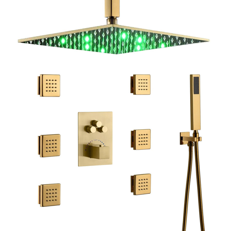 12 inch or 16 inch LED Polished gold Ceiling mount 3 way Thermostatic Shower valve system that each function run all together and separately