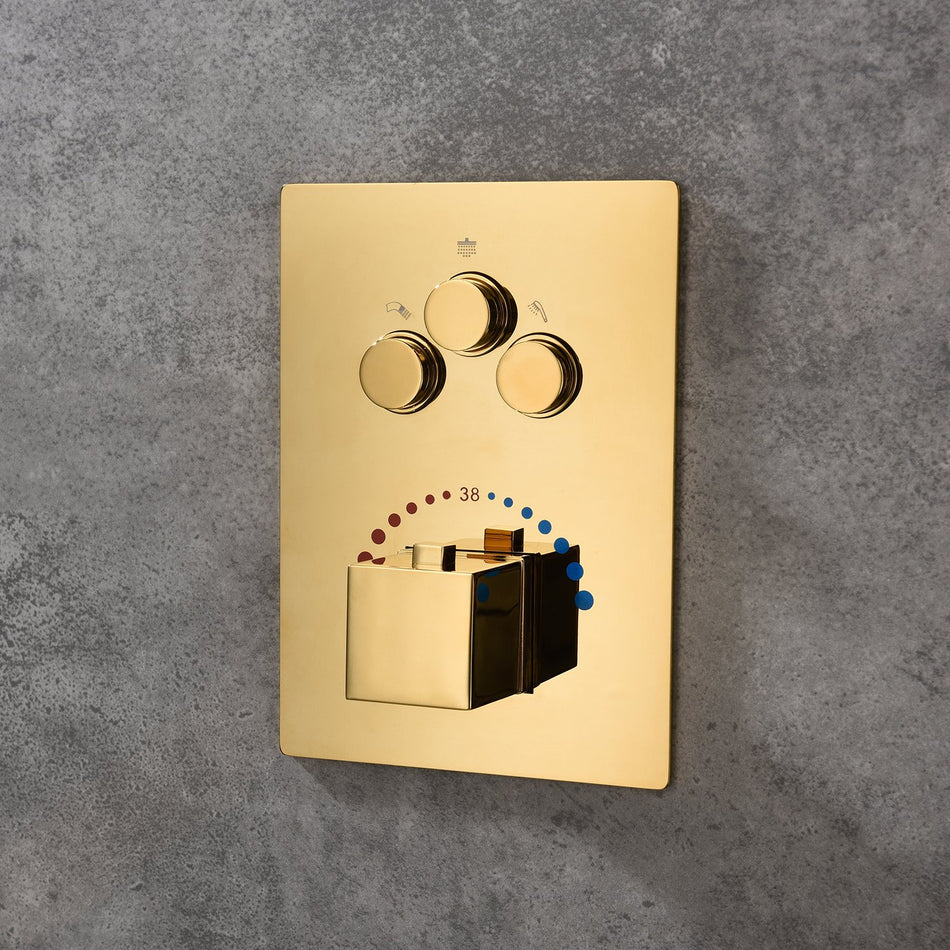 12inch Polished gold Wall mount 3 way Thermostatic Shower valve system that each function run all together and separately