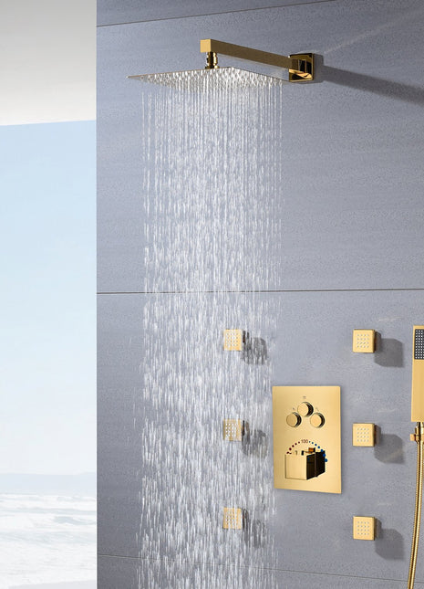 12inch Polished gold Wall mount 3 way Thermostatic Shower valve system that each function run all together and separately