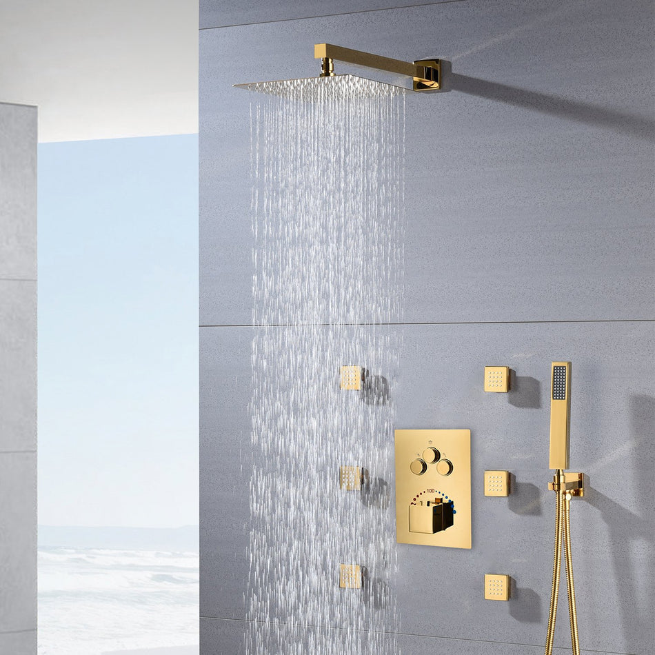 12inch Polished gold Wall mount 3 way Thermostatic Shower valve system that each function run all together and separately