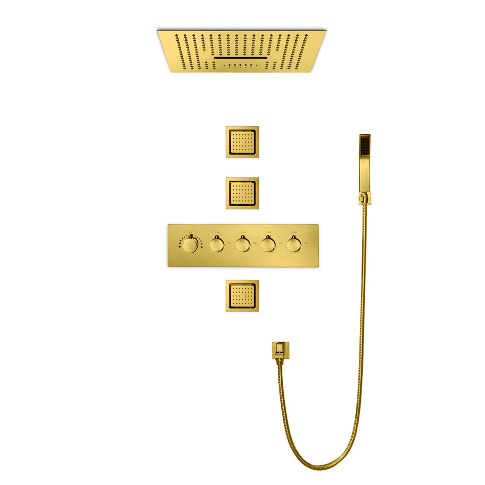 Polished Gold 16inch 64 LED colors  Flushed in Bluetooth Music 4 Way Thermostatic Shower Faucet with 4 Inch Body Jet