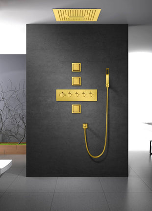 Polished Gold 16inch 64 LED colors  Flushed in Bluetooth Music 4 Way Thermostatic Shower Faucet with 4 Inch Body Jet