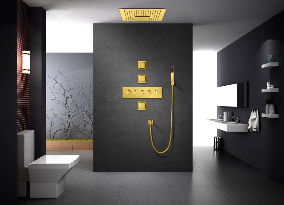 Polished Gold 16inch 64 LED colors  Flushed in Bluetooth Music 4 Way Thermostatic Shower Faucet with 4 Inch Body Jet