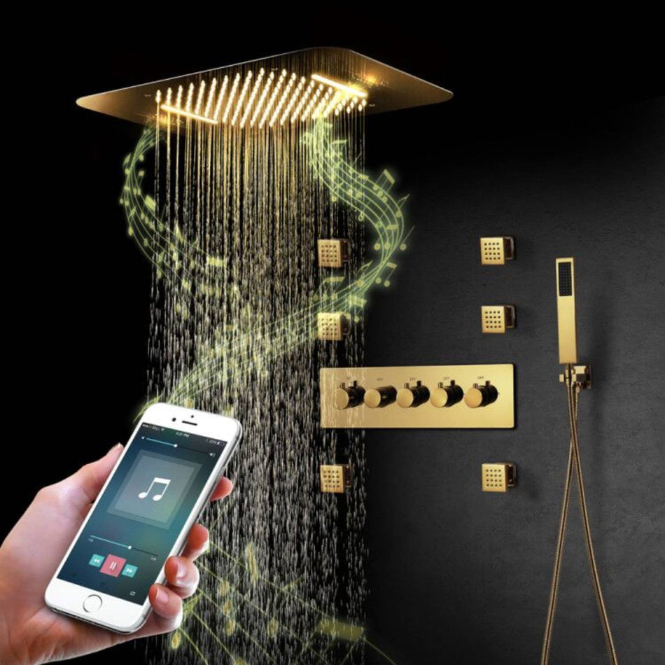 Gold Music LED Flushed in 23X 15inch shower head 4 way thermostatic valve that each function run at the same time and seperately