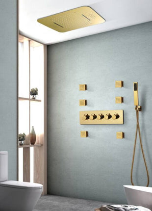 Gold Music LED Flushed in 23X 15inch shower head 4 way thermostatic valve that each function run at the same time and seperately