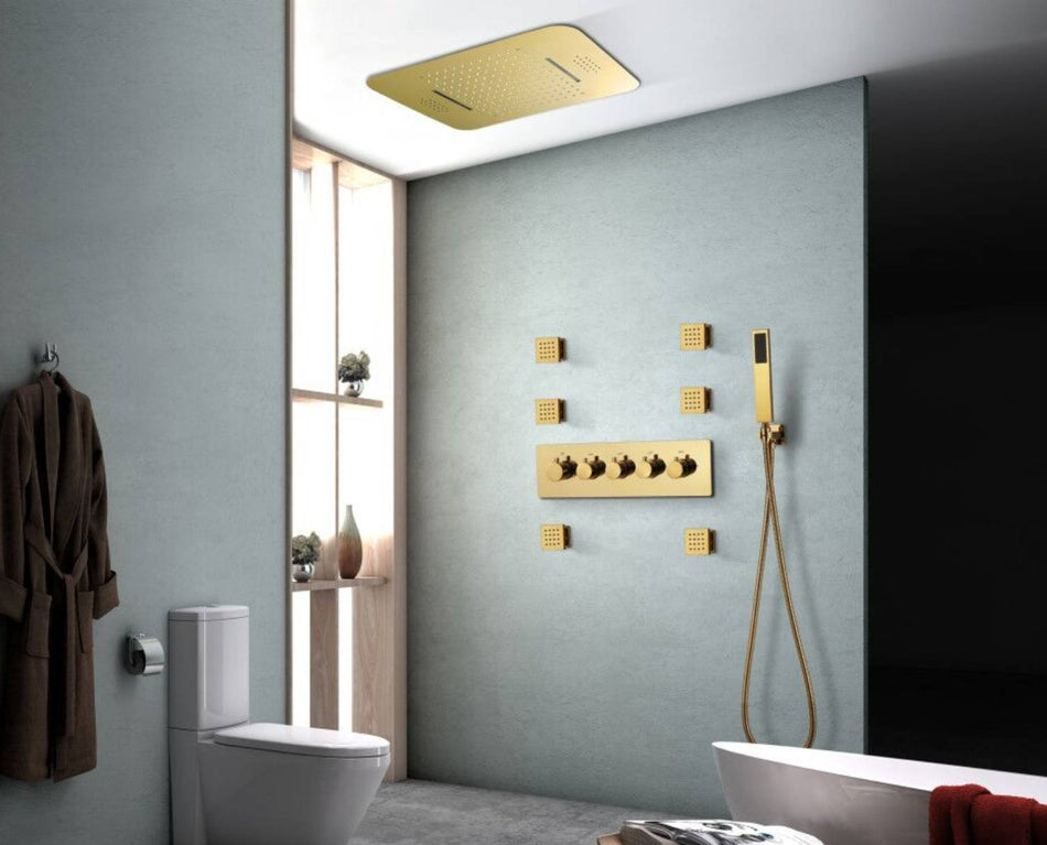 Gold Music LED Flushed in 23X 15inch shower head 4 way thermostatic valve that each function run at the same time and seperately