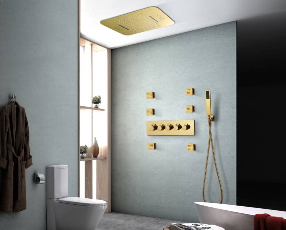 
                  
                    Gold Music LED Flushed in 23X 15inch shower head 4 way thermostatic valve that each function run at the same time and seperately
                  
                