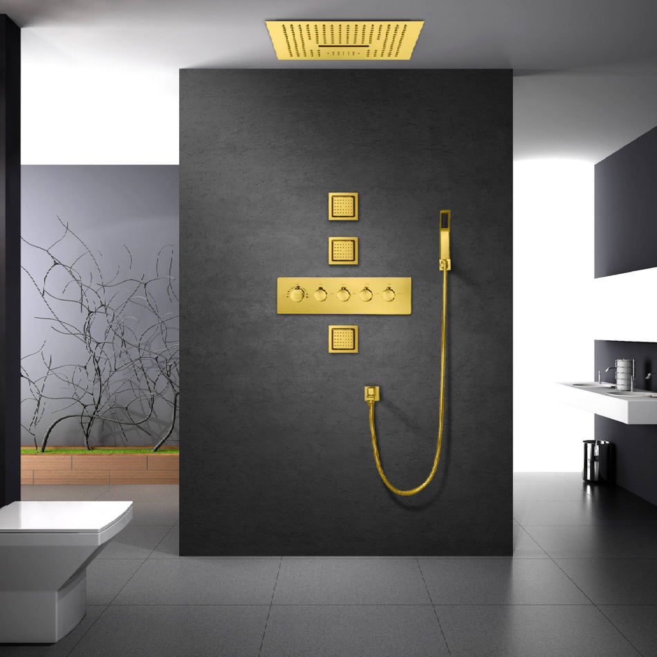 Polished Gold Flushed in 16 Inch 64 colors LED Bluetooth Music Rainfall Waterfall Shower Head 4 Way Thermostatic Shower Faucet Set with Body Jets Each Function Work All Together and Separately