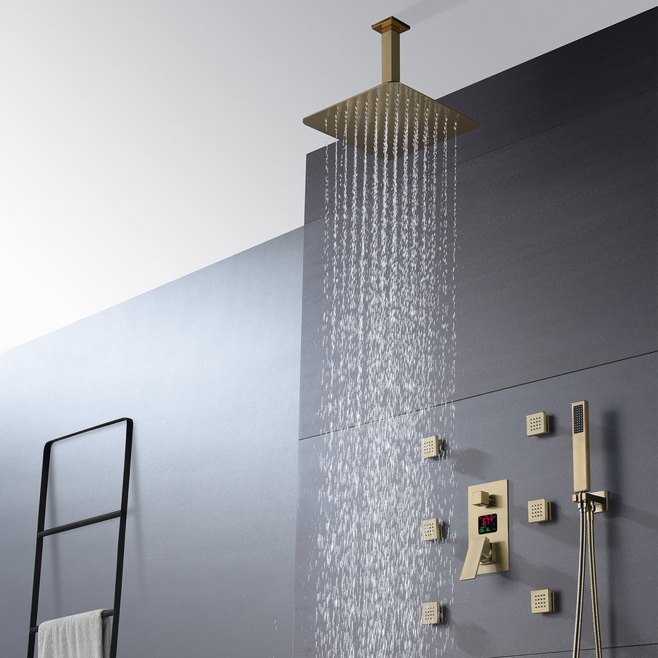 12 INCH or 16 INCH LED ceiling mounted 3 way Brushed Gold pressure balance Digital display rain showers with 6 body jets