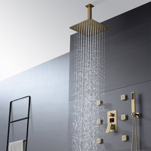 
                  
                    12 INCH or 16 INCH LED ceiling mounted 3 way Brushed Gold pressure balance Digital display rain showers with 6 body jets
                  
                