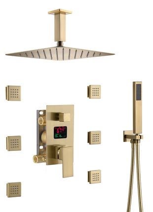 12 INCH or 16 INCH LED ceiling mounted 3 way Brushed Gold pressure balance Digital display rain showers with 6 body jets