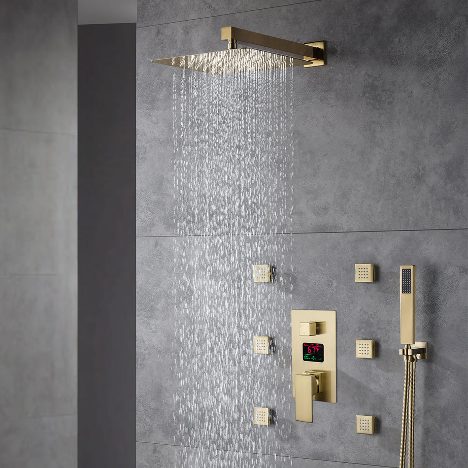 12 INCH or 16 INCH LED wall mounted 3 way Brushed Gold anti-scald Digital display rain showers with 6 body jets