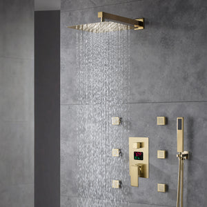 
                  
                    12 INCH or 16 INCH LED wall mounted 3 way Brushed Gold anti-scald Digital display rain showers with 6 body jets
                  
                