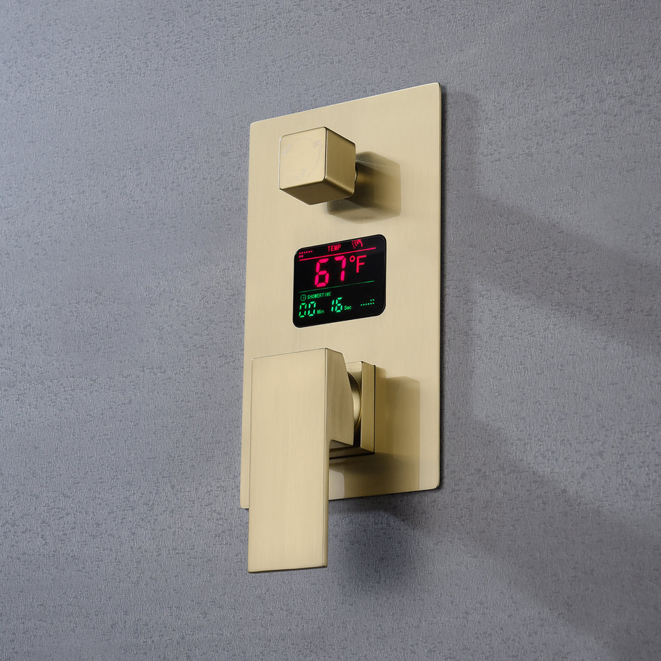 12 INCH or 16 INCH LED wall mounted 3 way Brushed Gold anti-scald Digital display rain showers with 6 body jets