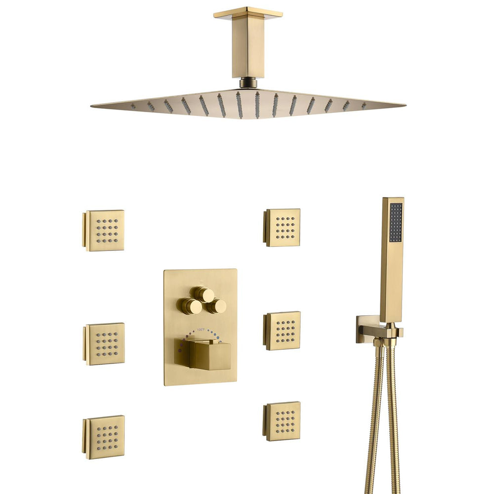 
                  
                    Brushed gold Ceiling mount 3 way Thermostatic Shower jets system that each function run all together and separately
                  
                