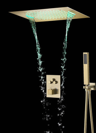 Brushed Gold Music 64 LED lights Flushed mount 20 X 20 inch rain waterfall shower head 3 way  thermostatic valve that each function run all together and separately