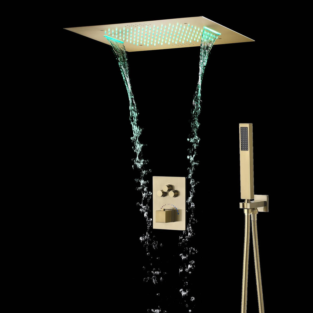 Brushed Gold Music 64 LED lights Flushed mount 20 X 20 inch rain waterfall shower head 3 way  thermostatic valve that each function run all together and separately