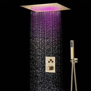 
                  
                    Brushed Gold Music 64 LED lights Flushed mount 20 X 20 inch rain waterfall shower head 3 way  thermostatic valve that each function run all together and separately
                  
                