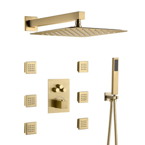 
                  
                    Brushed gold 3 way Thermostatic Shower jets system that each function run all together and separately
                  
                