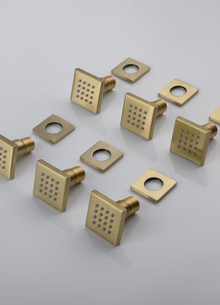 Brushed gold Ceiling mount two shower heads 4 way Thermostatic Shower valve system that each function run all together and separately