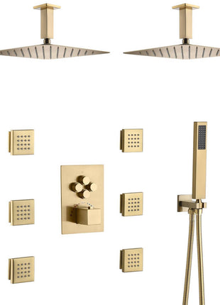 Brushed gold Ceiling mount two shower heads 4 way Thermostatic Shower valve system that each function run all together and separately