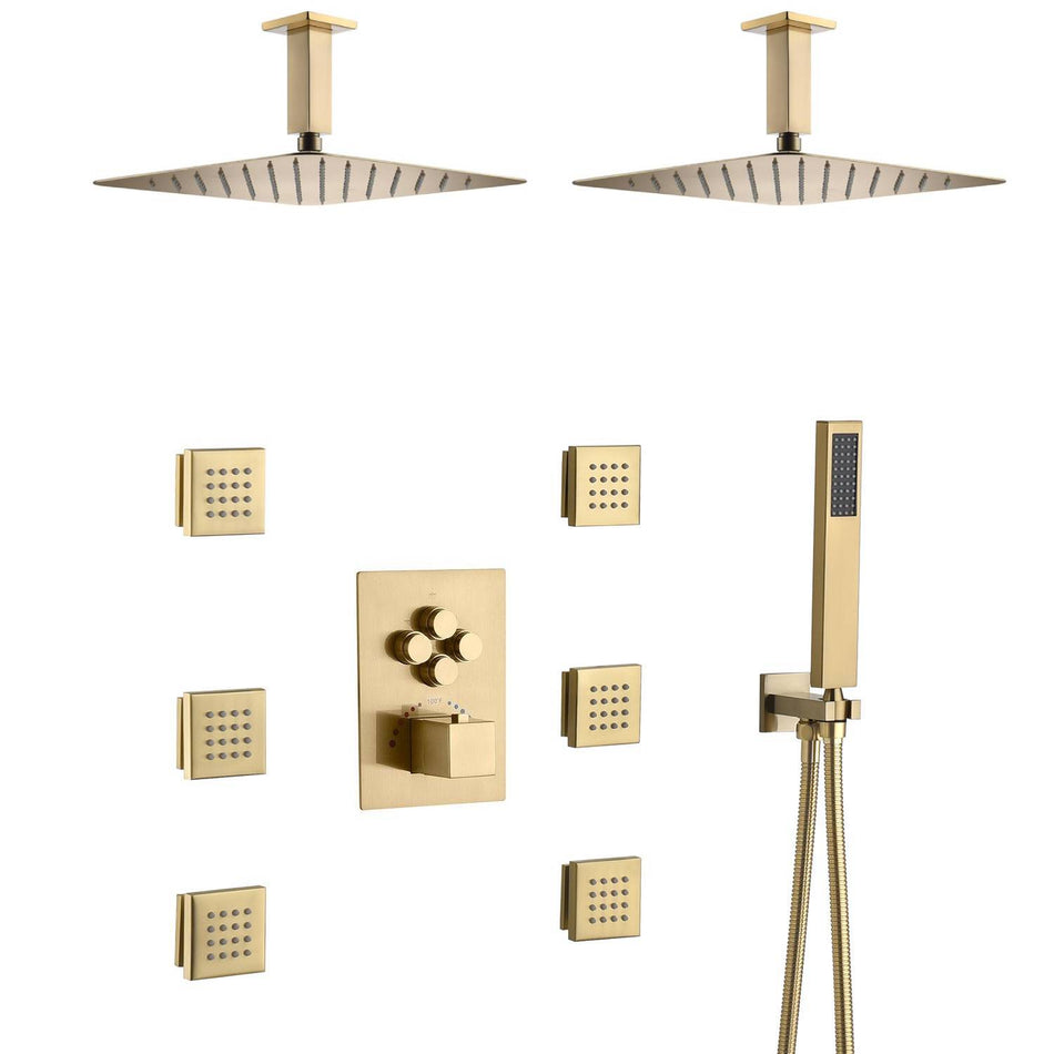 Brushed gold Ceiling mount two shower heads 4 way Thermostatic Shower valve system that each function run all together and separately
