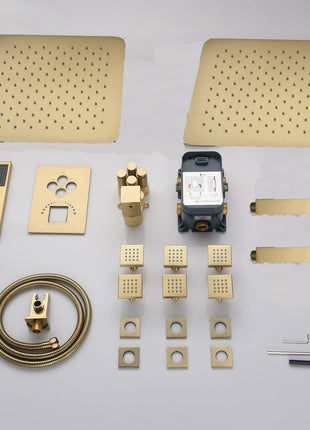 Brushed gold Ceiling mount two shower heads 4 way Thermostatic Shower valve system that each function run all together and separately