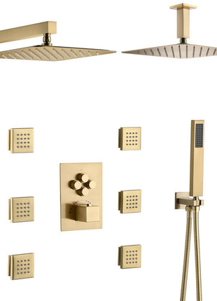 Brushed gold or chrome Ceiling mount two shower heads 4 way Thermostatic Shower valve system that each function run all together and separately