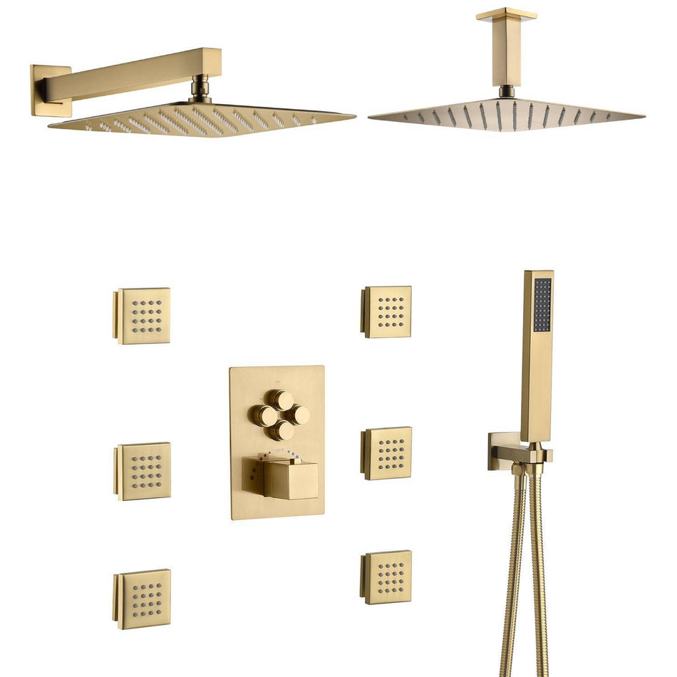 Brushed gold or chrome Ceiling mount two shower heads 4 way Thermostatic Shower valve system that each function run all together and separately