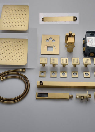 Brushed gold or chrome Ceiling mount two shower heads 4 way Thermostatic Shower valve system that each function run all together and separately