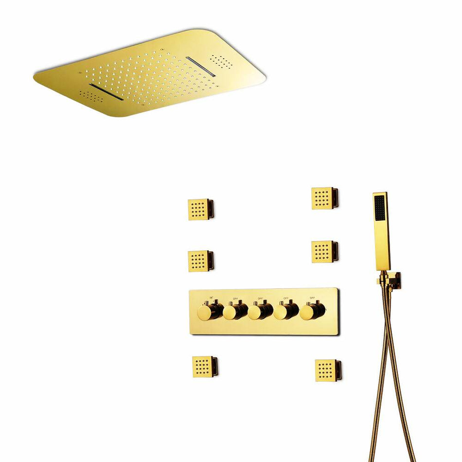 Brushed Gold Music LED Flushed in 23X 15inch shower head 4 way thermostatic valve that each function run all together and seperately