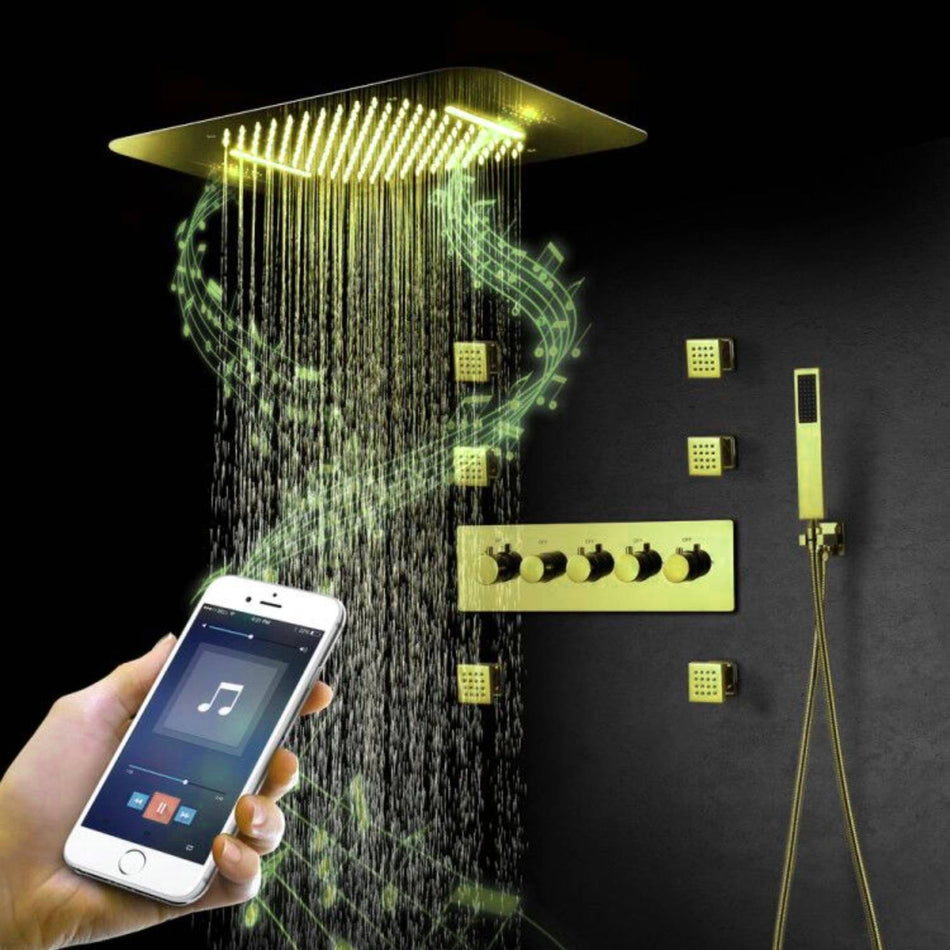 Brushed Gold Music LED Flushed in 23X 15inch shower head 4 way thermostatic valve that each function run all together and seperately
