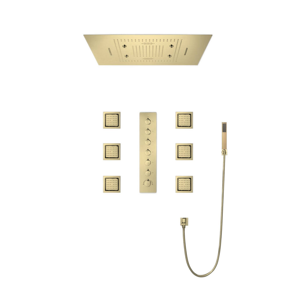 Brushed Gold Music LED Flushed in 31inch shower head 6 way thermostatic valve that each function run all together and separately