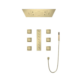 
                  
                    Brushed Gold Music LED Flushed in 31inch shower head 6 way thermostatic valve that each function run all together and separately
                  
                